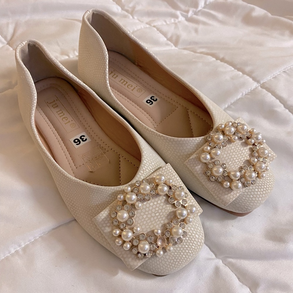 LYXIANG Faux Snake Skin Flats with Pearls